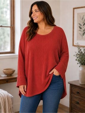 Market & Spruce Ribbed Knit Tunic Top | XL Rust Orange High-Low Hem Soft Stretch